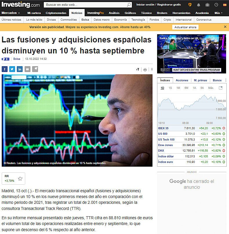 Las fusiones y adquisiciones espaolas disminuyen un 10 % hasta septiembre